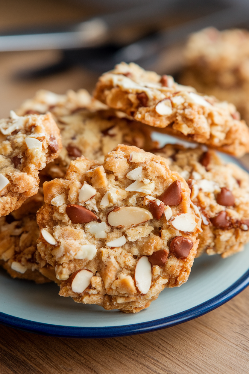 Indoor plate with crunchy cookies packed with almond slivers and toffee bits, edges golden brown. Photo, no text or logos.