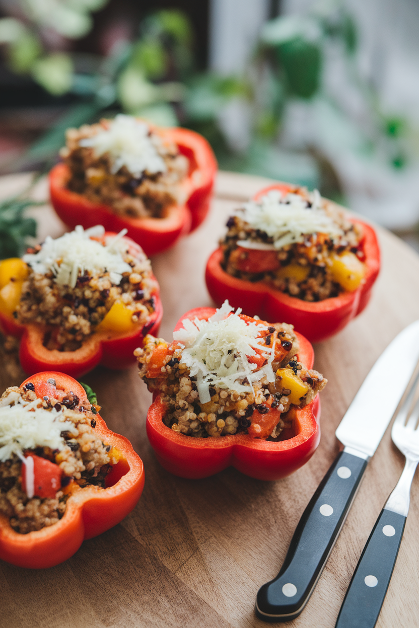 Indoor photo of bright red bell pepper halves stuffed with ground turkey, quinoa, and diced veggies, topped with a light sprinkle of cheese. No text or logos.