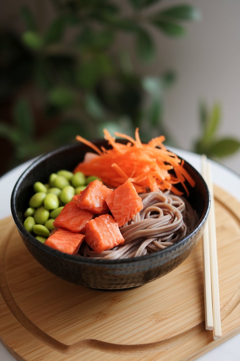 An indoor bowl containing cooked soba noodles, glazed salmon chunks, edamame, and shredded carrots. No text or logos; photo only.