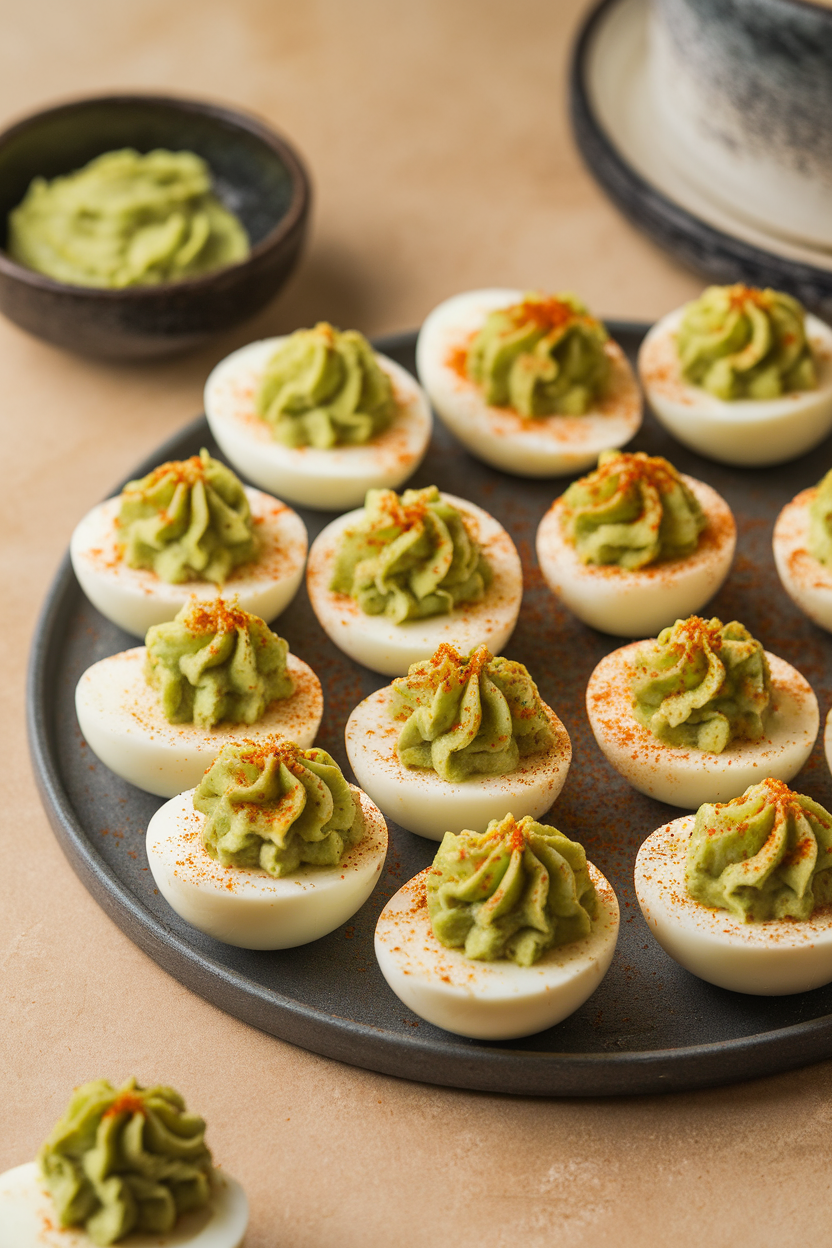 Indoor photo of deviled egg halves filled with pale green avocado mixture, sprinkled with smoked paprika on a matte black platter. No visible text or logos.