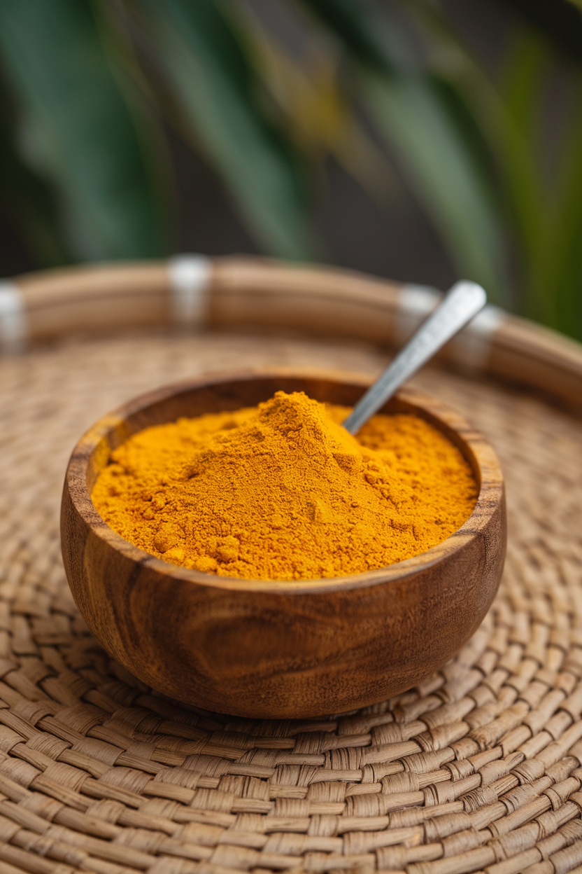 An indoor spice dish holding vibrant ground turmeric with a tiny spoon, no text or logos in view.
