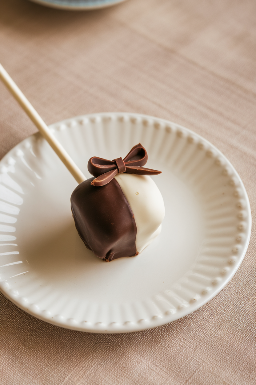 Photo, not illustration. Indoor banquet hall vibe. Half-dipped cake pops showing black chocolate on one side and white candy coating on the other, finished with a tiny chocolate “bow tie.” No logos or text.