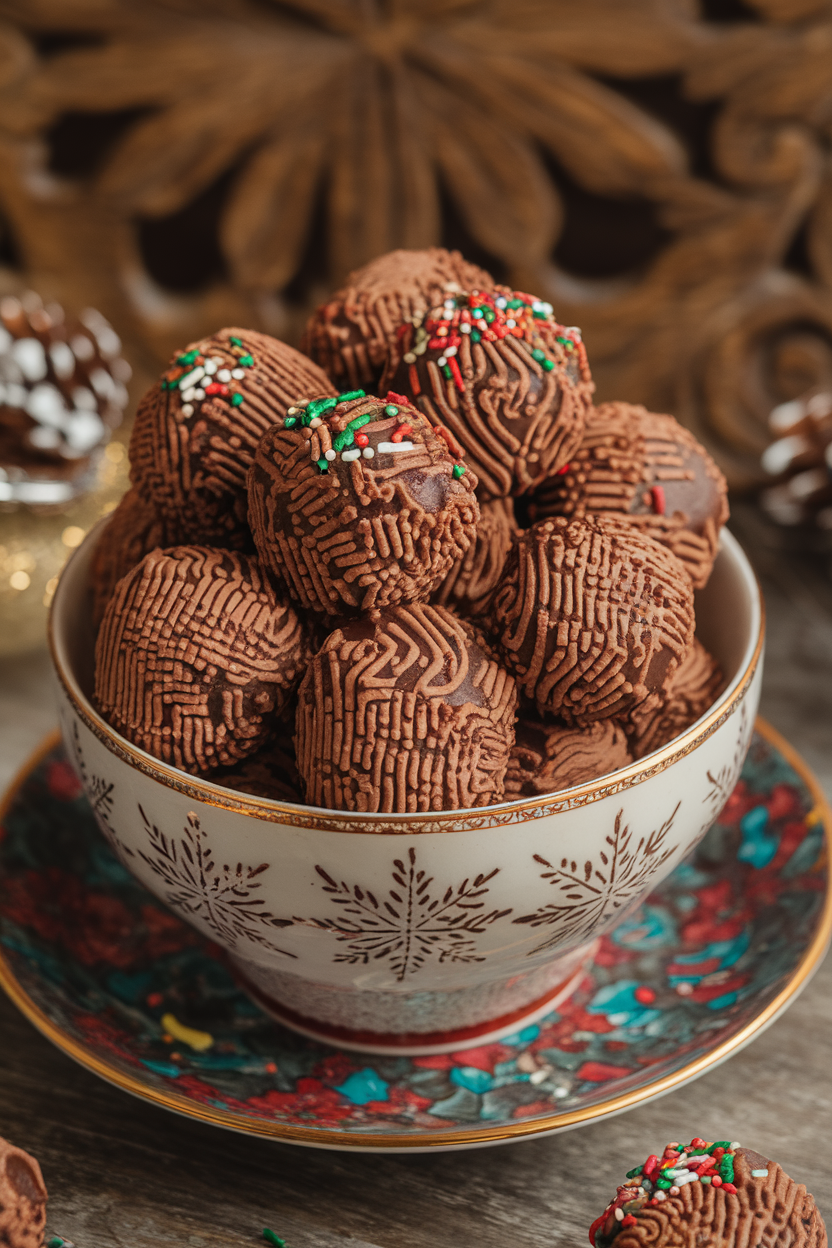 Indoor bowl filled with cocoa-covered rum balls, each rolled uniformly, with festive sprinkles nearby. Photo, no text or logos.