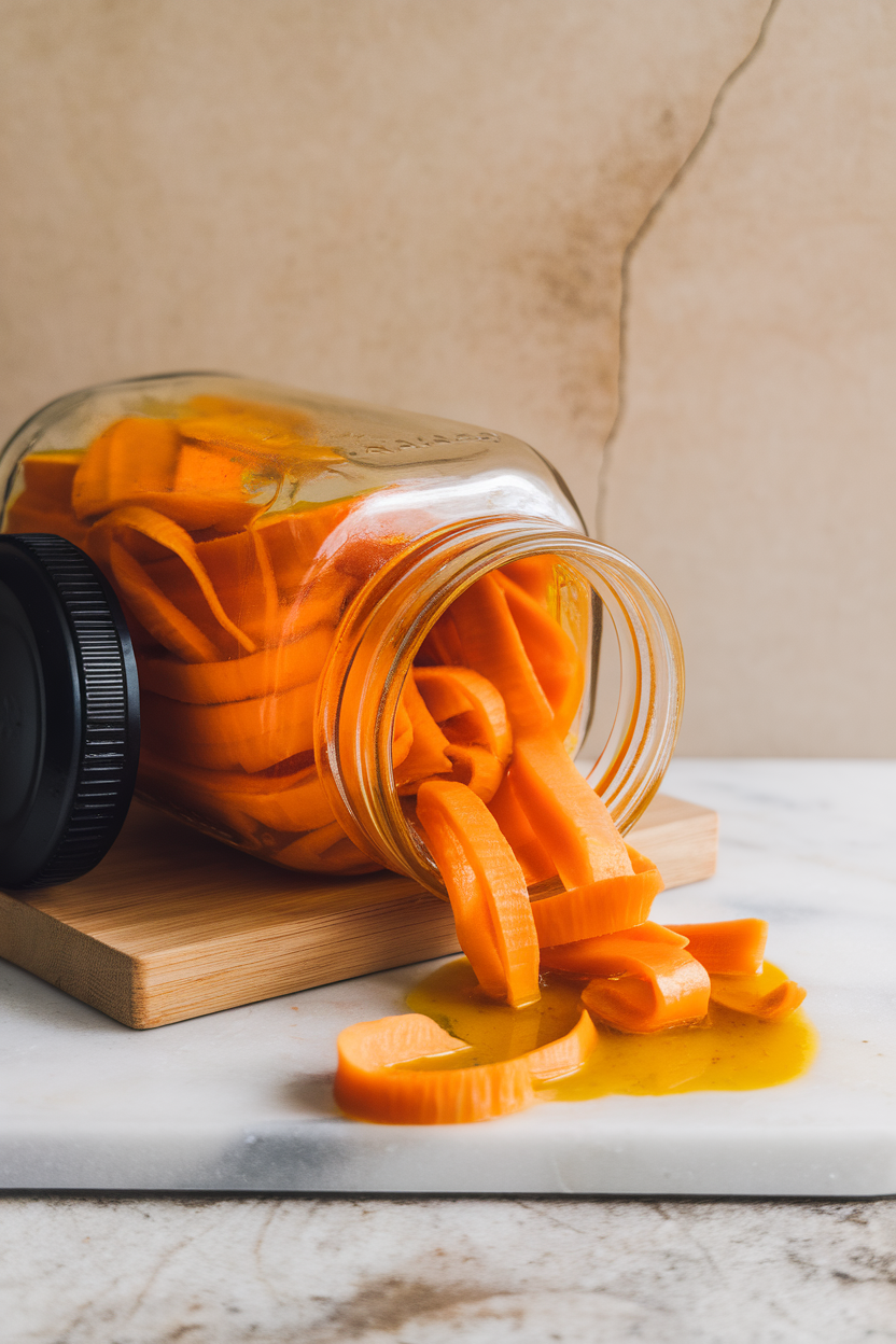 Indoor jar tipped over, spilling yellow turmeric-pickled carrot ribbons onto a marble board. No logos.