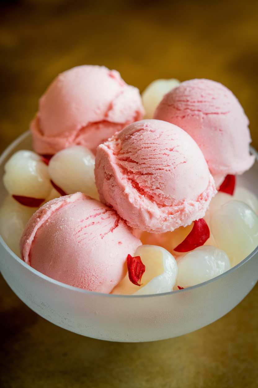 Indoor photo of pastel pink sorbet scoops in a frosted bowl, lychee pieces visible, no text or logos