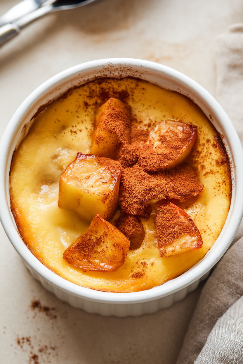 Indoor photo of a small ramekin containing baked egg custard dotted with apple chunks and a sprinkle of cinnamon on top. No text or logos.