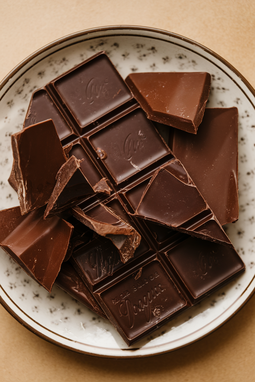 An indoor dessert plate with broken pieces of dark chocolate bar showing rich color and clean snap, no text or logos, photo.