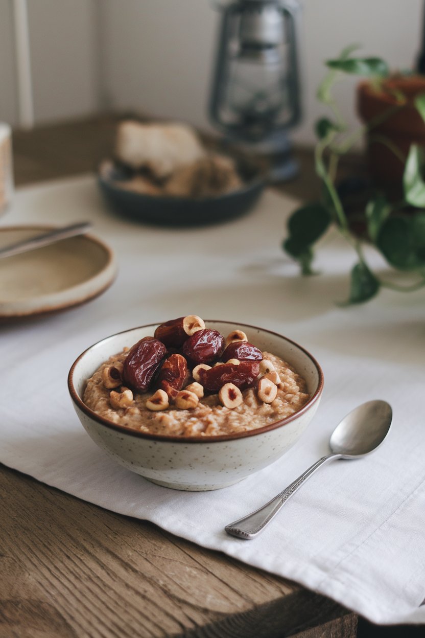 Indoor rustic wooden table displaying oatmeal with chopped Medjool dates and toasted hazelnuts. No text or logos. Photo.