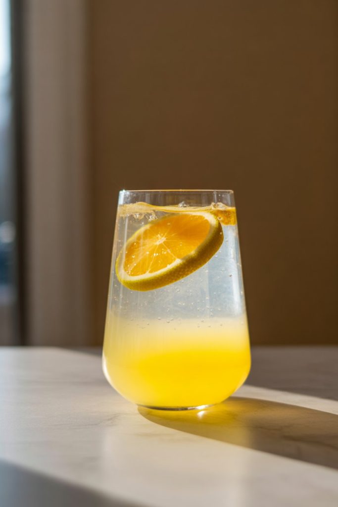 Glass of half-juice, half-sparkling water with ice and a citrus slice, indoor photo, no text or logos