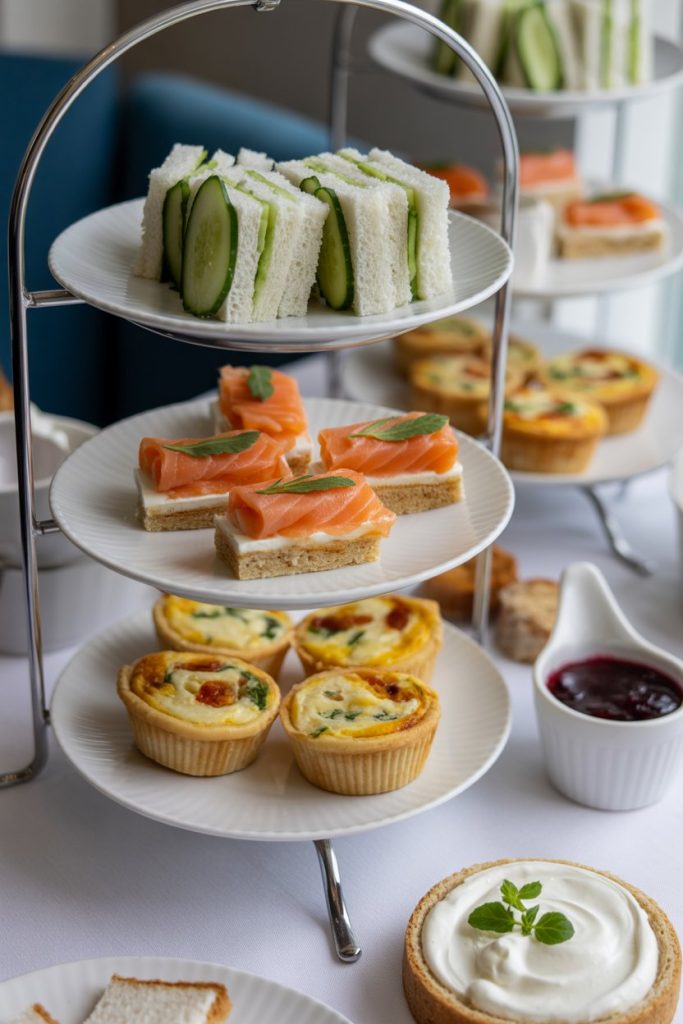 Indoor afternoon-tea setup featuring cucumber finger sandwiches, smoked salmon pinwheels, mini quiches, and clotted cream with jam; no text or logos.