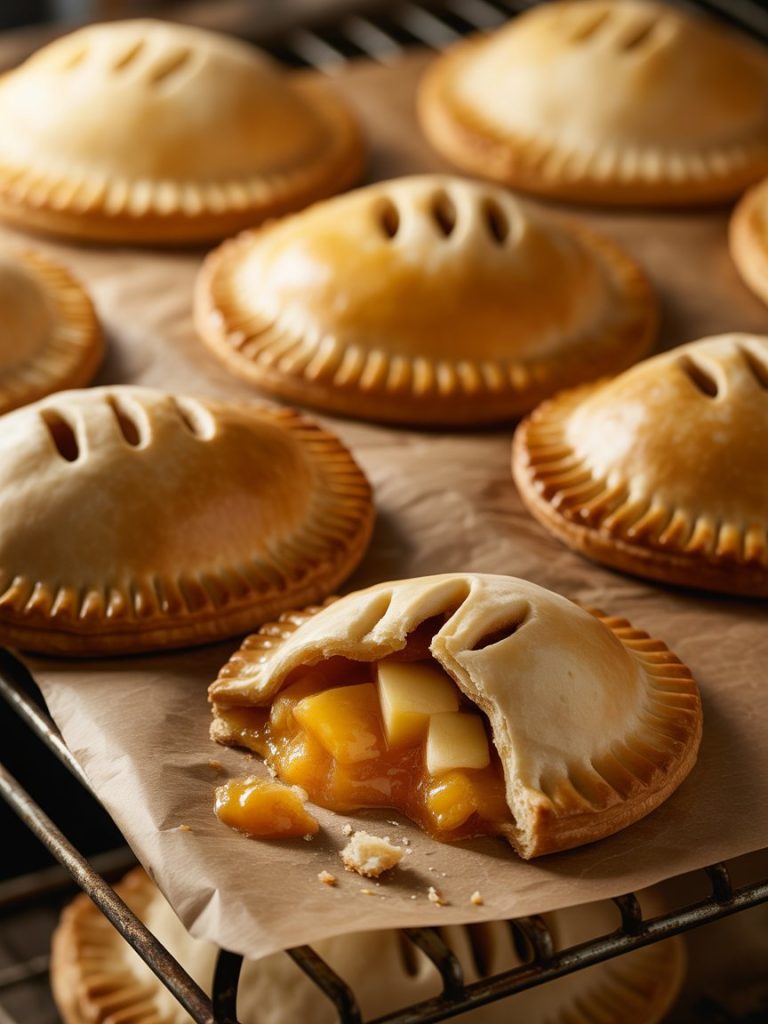 Indoor bakery rack with several golden hand pies vented with small slits, one broken open to reveal apple and cheddar filling. No text or logos.