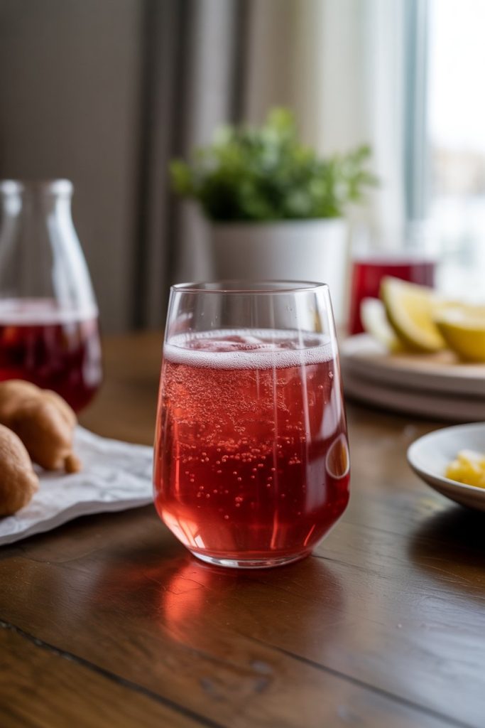 Indoor breakfast nook showing a stemless flute of cranberry kombucha sparkler, bubbles fizzing actively. Photo, no text or logos.