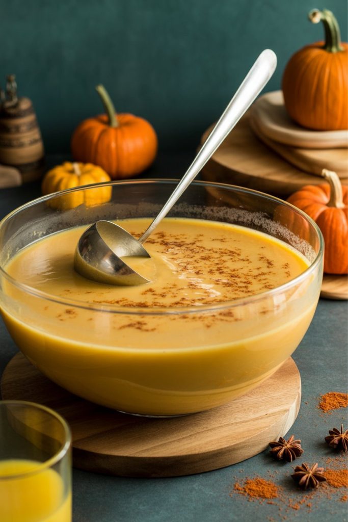 Indoor buffet table featuring a large glass punch bowl of creamy pumpkin punch, ladle resting inside, grated nutmeg sprinkled on surface. Photo, no text or logos.