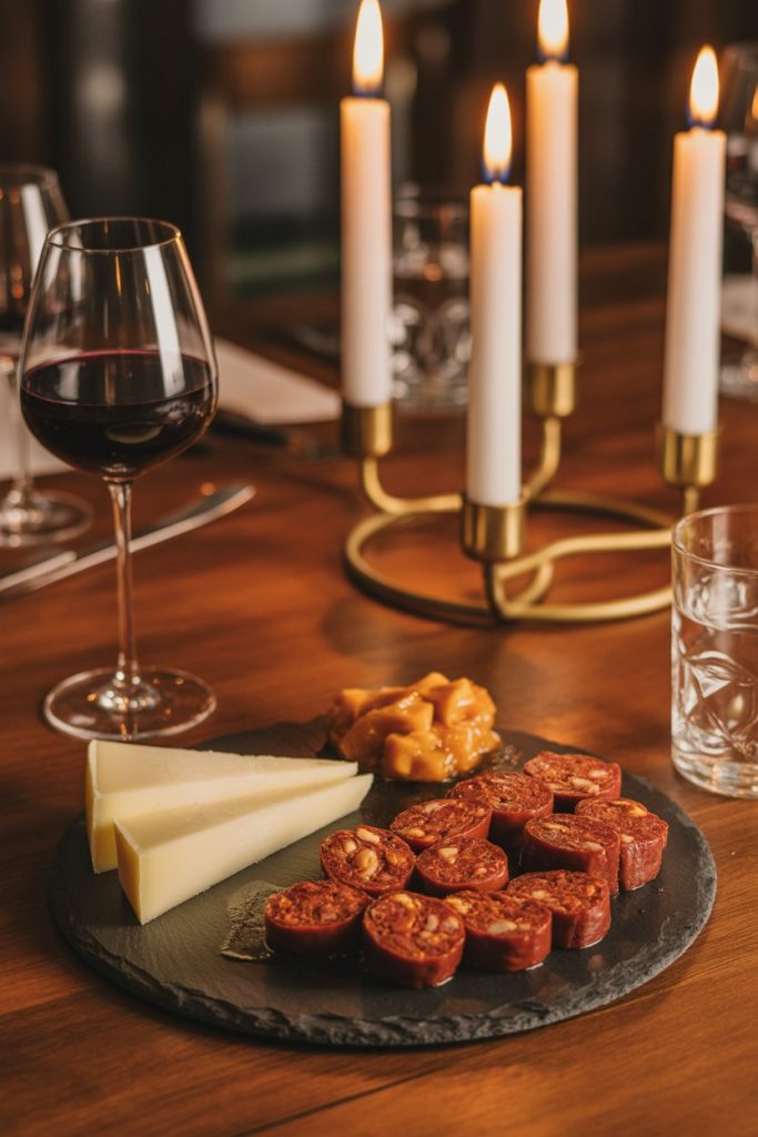 Indoor candlelit table showing a slate board with cooked chorizo in red wine, manchego triangles, marcona almonds, and quince paste; no logos or text.