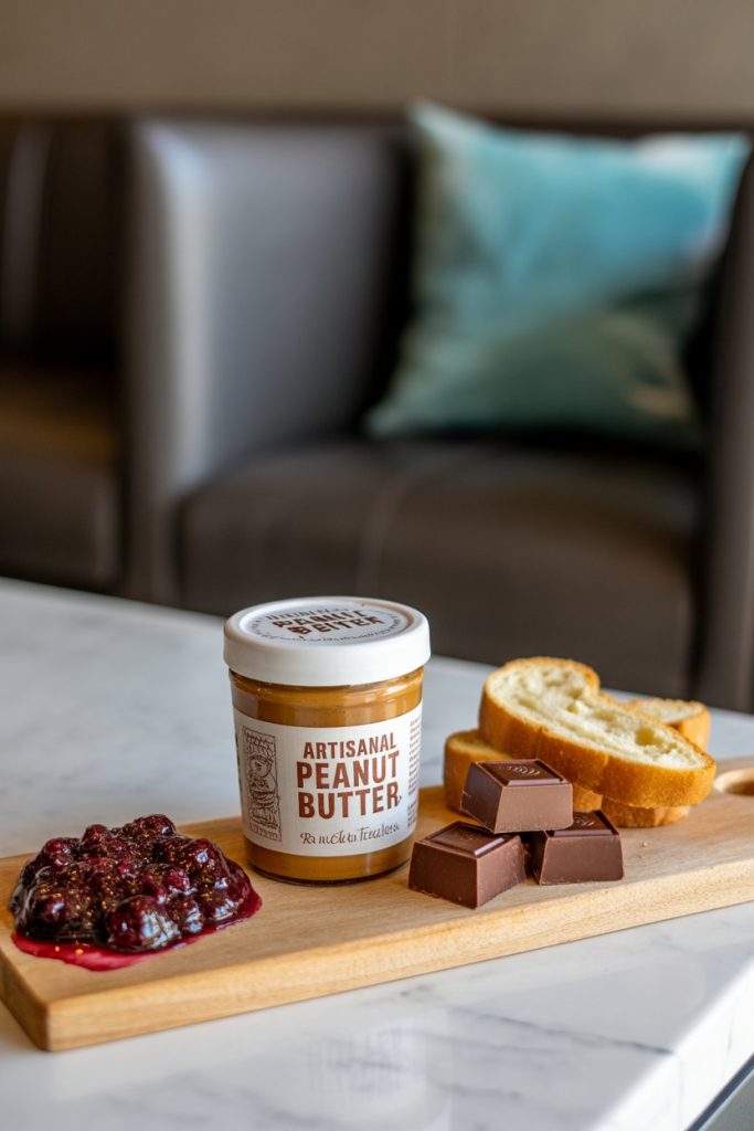 Indoor casual scene with a board of artisanal peanut butter, berry compote, brioche toast points, and dark chocolate squares; no logos or text.