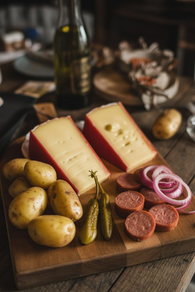 Indoor chalet-style scene featuring a board of raclette cheese halves, boiled new potatoes, pickled pearl onions, and cooked bratwurst coins; no text or logos.