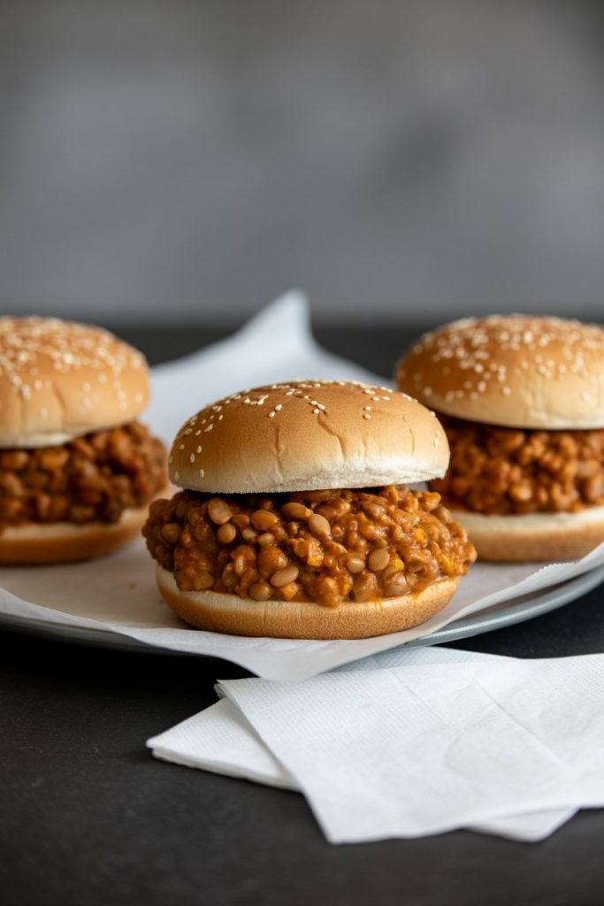 Indoor counter with whole-grain hamburger buns filled with saucy lentil sloppy joe mixture, napkins alongside. No text or logos on any items.