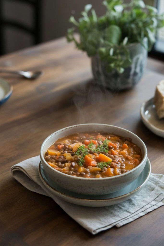 Indoor dining table featuring a lentil and vegetable stew steaming in a rustic bowl, captured from a slight overhead angle. No text or logos. Photo, not illustration.