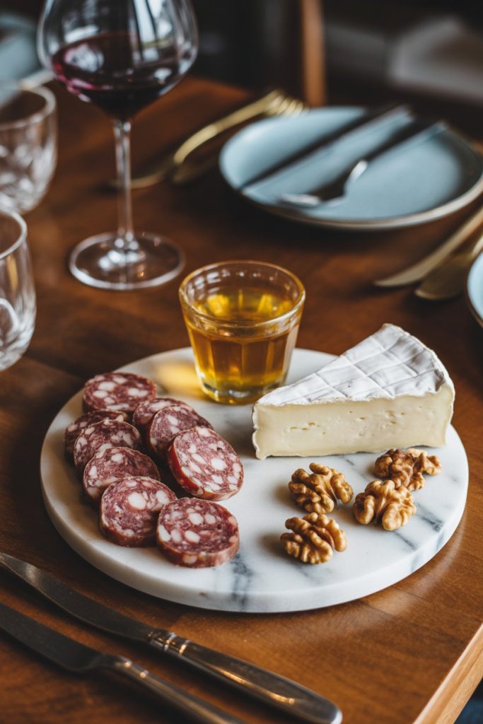 Indoor dining table with a marble board featuring truffle salami rounds, triple-cream brie, truffle honey, and roasted walnuts; no logos or text.