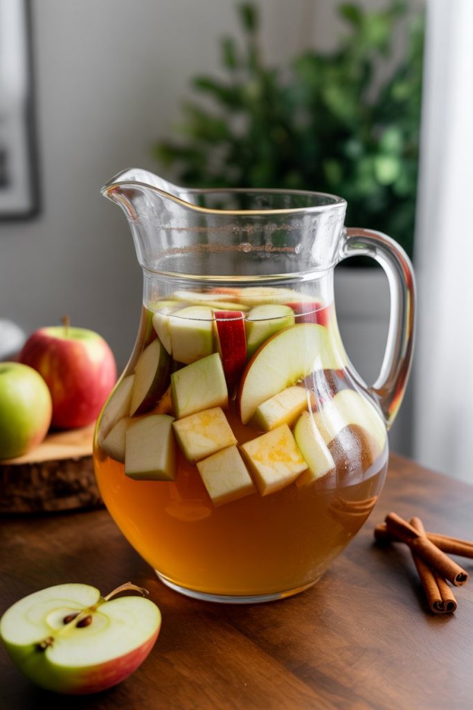Indoor farmhouse table with a pitcher of honeycrisp apple sangria, cubes of fruit suspended, cinnamon sticks visible. Photo, no text or logos.
