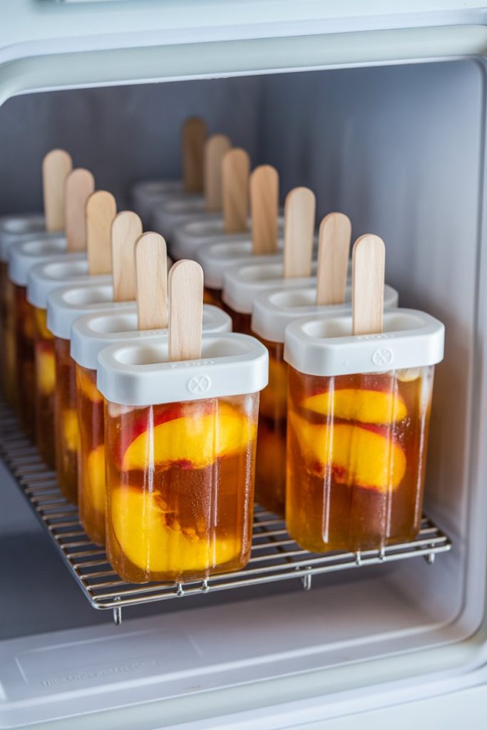Indoor freezer door opening to reveal mold of homemade popsicles showing swirled peach slices suspended in iced tea. No text or logos.