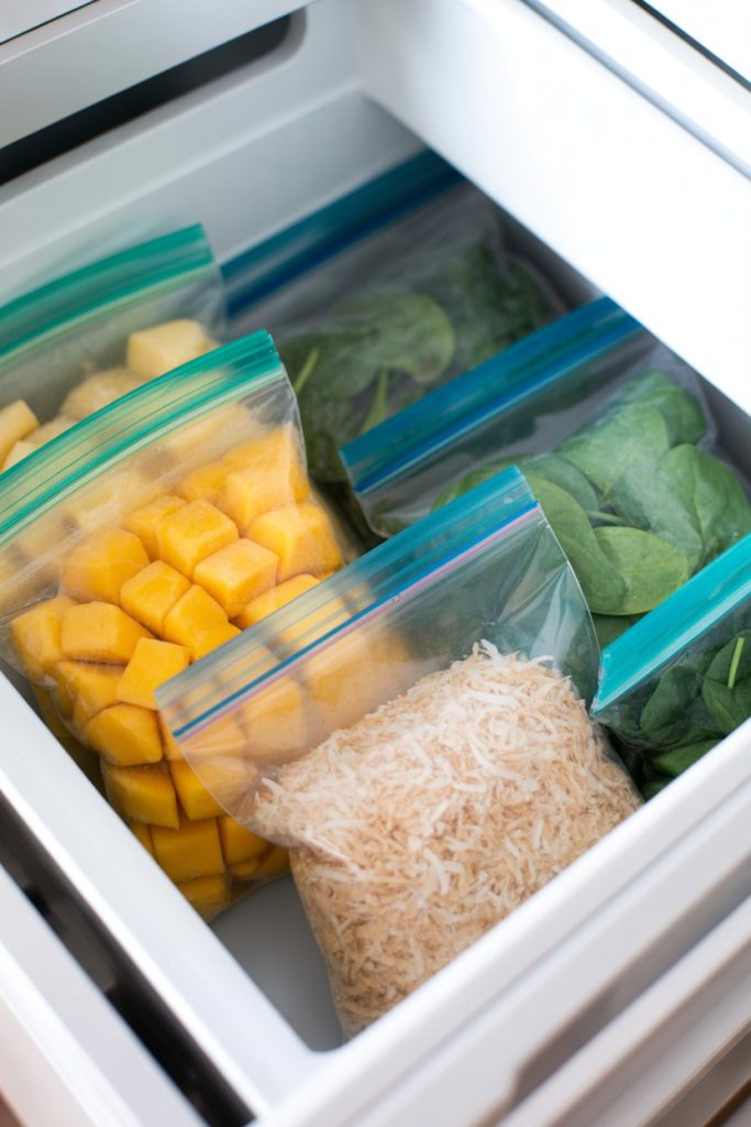 Indoor freezer drawer containing zip-top bags of frozen mango chunks, spinach, and shredded coconut, labeled for smoothie prep. No text or logos visible.