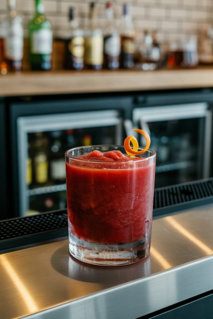 Indoor freezer-top bar displaying a frosty rocks glass of deep red bourbon slush, orange zest curl on rim. Photo, no text or logos.