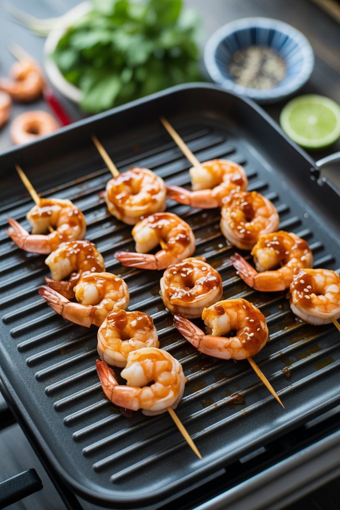 Indoor grill-pan shot of cooked shrimp skewers brushed with chili glaze, garnished with sesame seeds. No raw seafood visible; no text or logos.