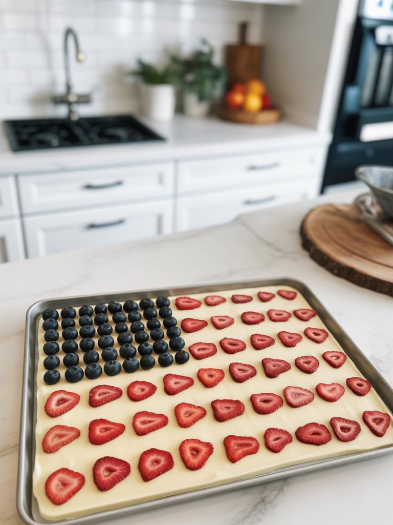 Indoor kitchen counter with a tray of white chocolate bark decorated with lines of dried blueberries and freeze-dried strawberries to mimic a flag. No text or logos.