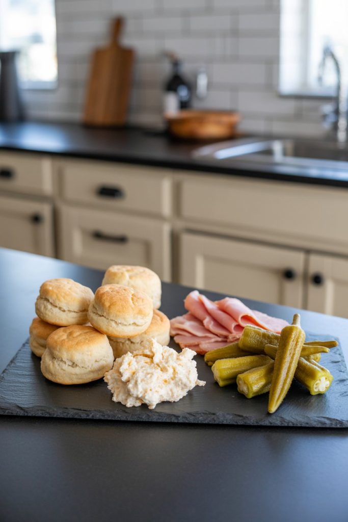 Indoor kitchen island scene with a slate board holding mini buttermilk biscuits, slices of country ham, pimento cheese, and pickled okra; no visible logos.