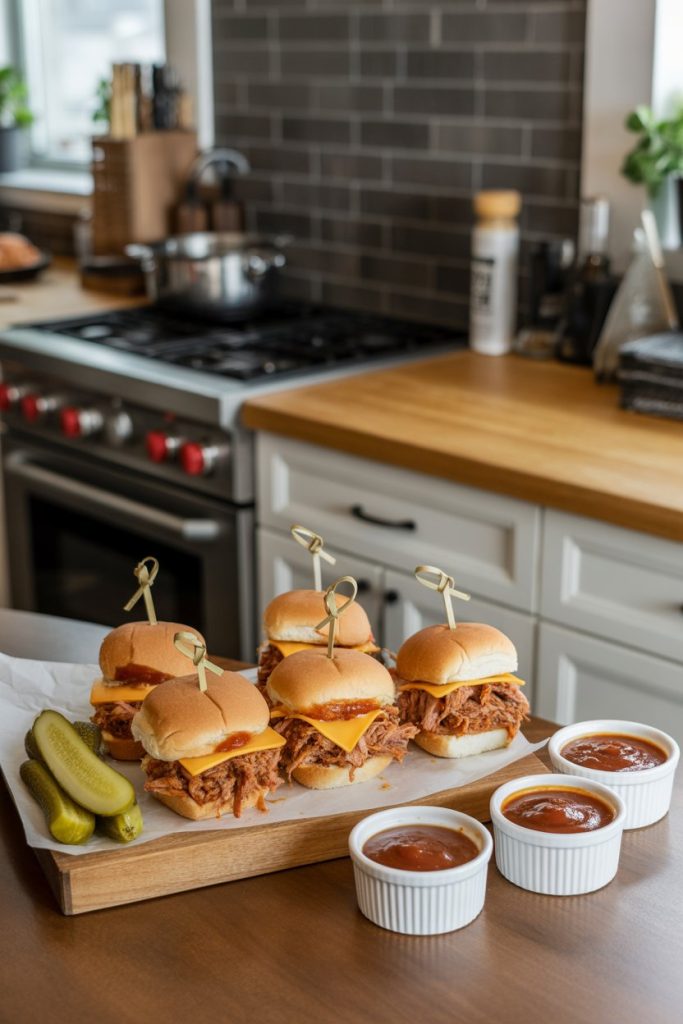 Indoor kitchen island with a wooden board displaying pulled pork sliders, smoked cheddar, pickled cucumbers, and barbecue sauce ramekins; no logos or text.