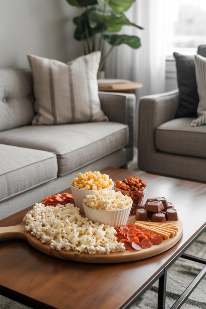 Indoor living-room coffee table with a board of popcorn varieties, cheddar popcorn seasoning, mini pepperoni sticks, and chocolate candies; no visible text or logos.