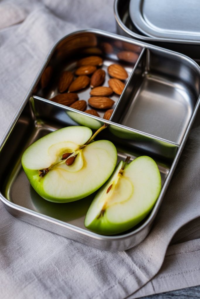 Indoor lunchbox compartment holding sliced apples and a small handful of raw almonds; no text or logos, photo style.