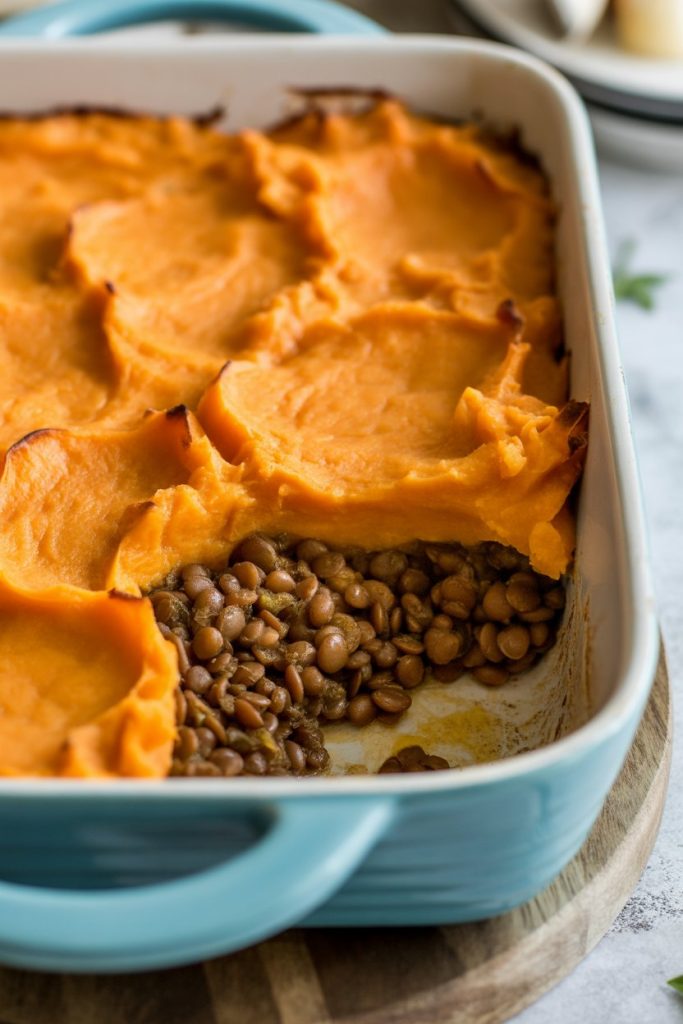 Indoor photo of a baking dish showing lentil filling topped with mashed sweet potato, baked until lightly browned; no text or logos.