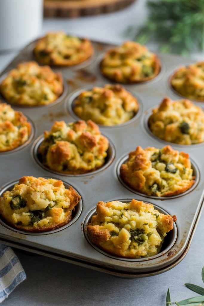 Indoor photo of individual stuffing muffins in a muffin tin, crispy tops visible, no text or logos.