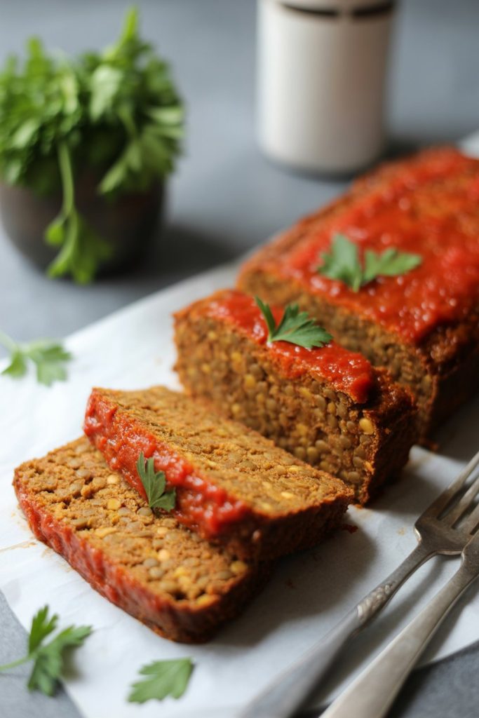Indoor photo of slices of lentil loaf with tomato glaze, parsley garnish, no text or logos.
