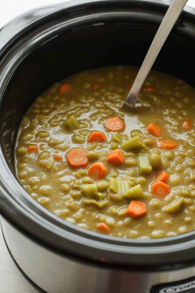 Indoor photo of thick green split pea soup with diced carrots and celery in a crockpot, no text or logos.