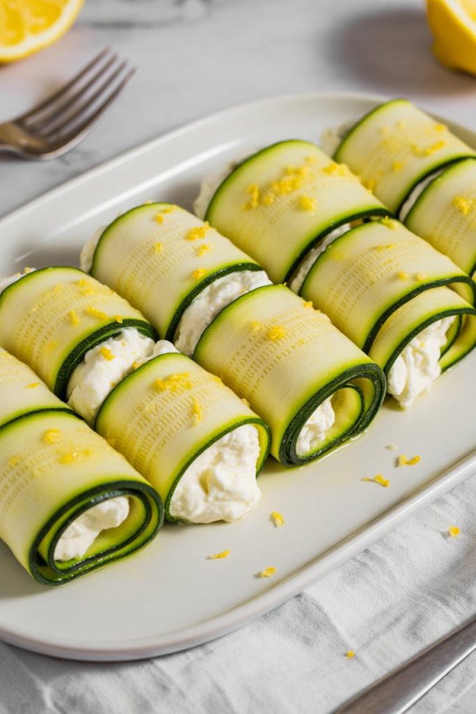 Indoor photo of thin zucchini ribbons rolled around whipped ricotta, set seam-side down on a white platter and sprinkled with lemon zest. No text or logos.
