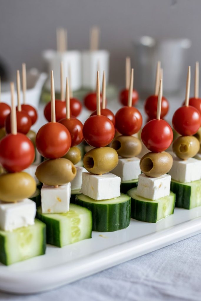 Indoor photo of toothpick skewers threaded with cucumber quarter, feta cube, olive, and cherry tomato, lined on a white serving tray. No logos or text.