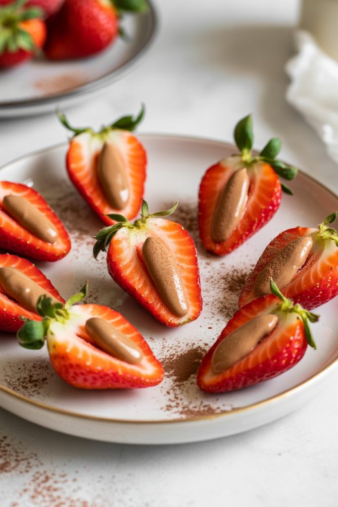Indoor photo of whole strawberries slit and filled with almond butter, lightly dusted with cocoa powder, on a white plate. No logos or text.