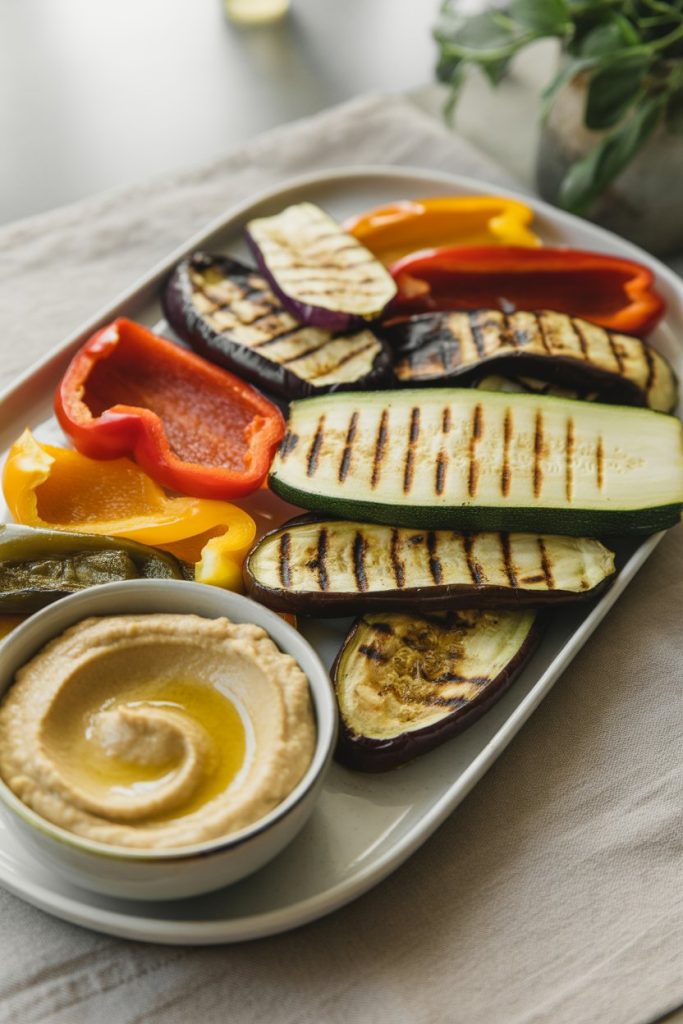Indoor platter displaying grilled zucchini, eggplant, and bell peppers beside a small bowl of hummus; no text or logos, photo style.