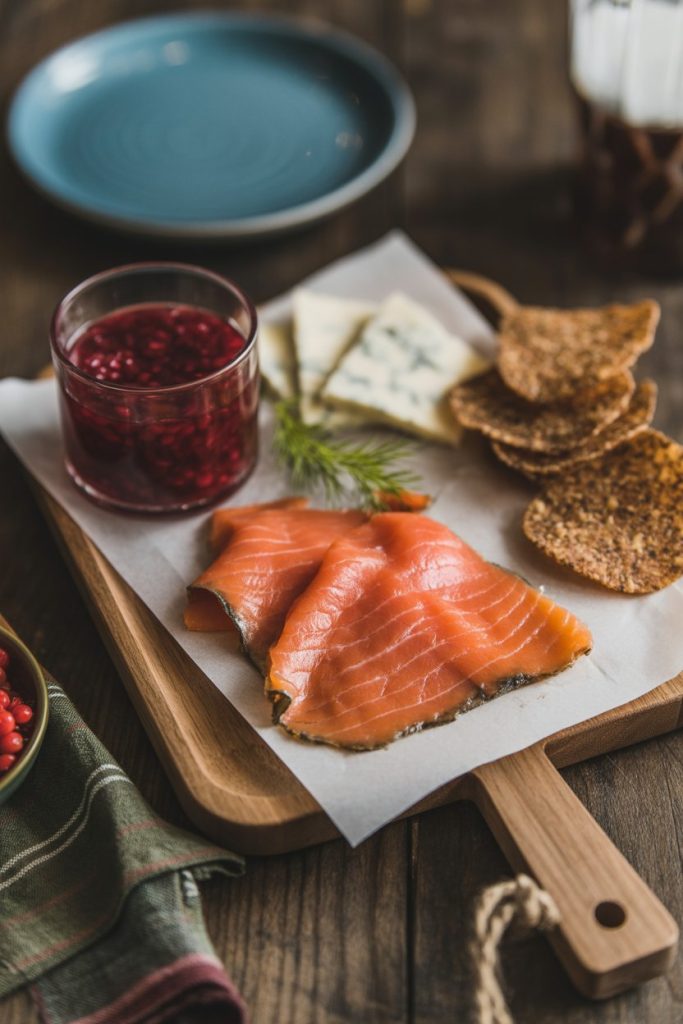 Indoor scene with a wooden platter holding cooked gravlax, lingonberry jam, dill havarti, and rye crisps; no text or logos visible.