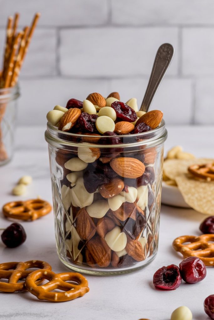 Indoor snack jar filled with mixed nuts, dried cherries, white chocolate chips, and pretzel pieces, spoon attached. No text or logos.