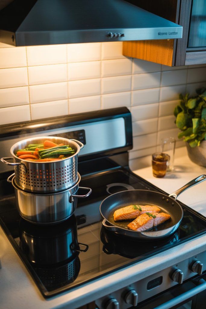 Indoor stovetop with a steamer basket of vibrant veggies beside a nonstick skillet searing salmon, both under hood light. No text or logos. Photo, not illustration.