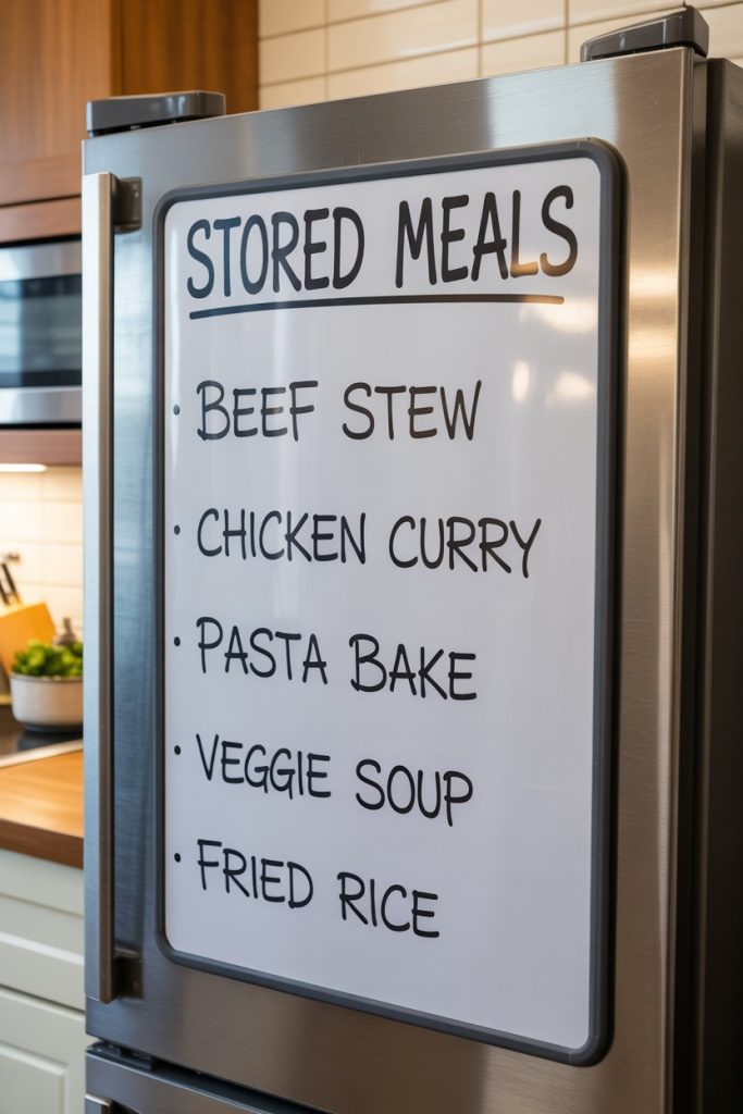 Magnetic whiteboard on freezer door listing stored meals, indoor photo, no text or logos