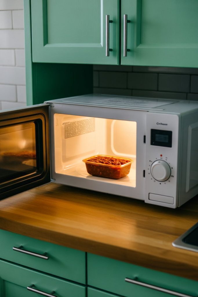 Microwave with a single container of chili inside, indoor kitchen scene, photo, no text or logos