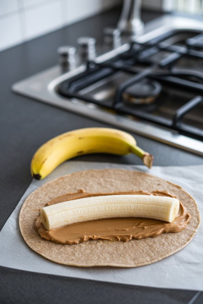 Indoor kitchen island with a whole-grain tortilla spread with almond butter and a whole banana inside, ready to be rolled; no text or logos, photo style.