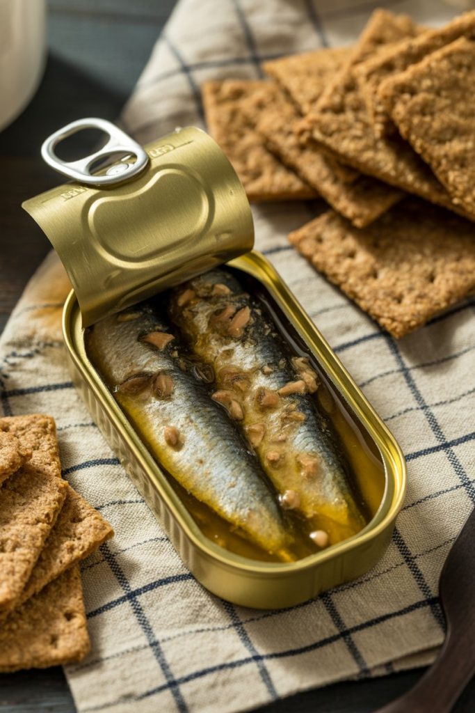 Open can of cooked sardines served on whole-grain crackers, indoor photo, no text or logos