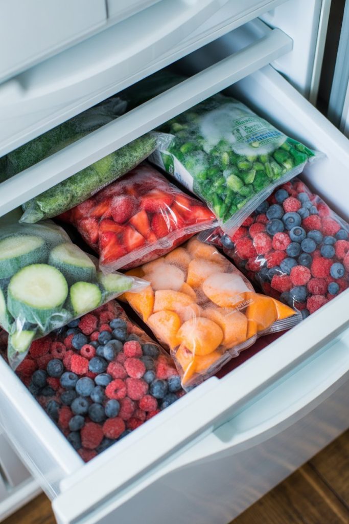 Open freezer drawer showing neatly stacked bags of frozen mixed berries and vegetables, indoor photo, no text or logos