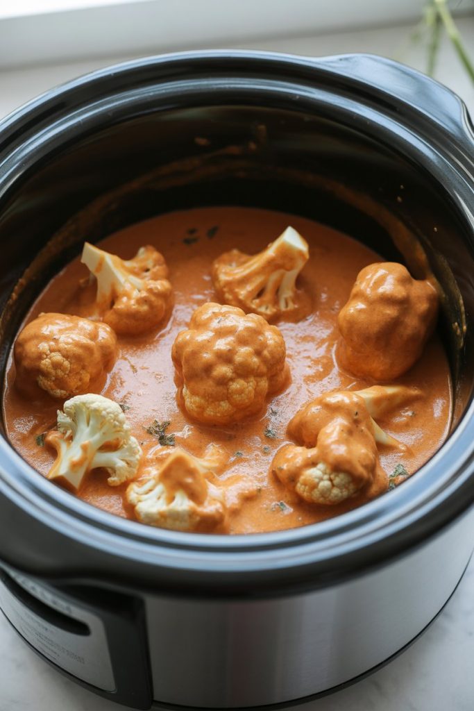 Indoor photo of cauliflower florets coated in creamy tomato tikka sauce in a slow cooker, no text or logos.